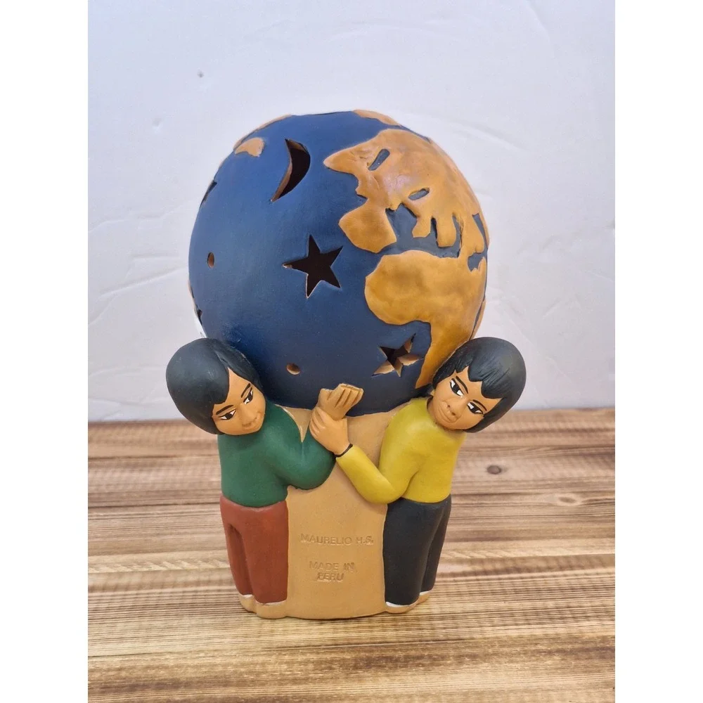 Maurelio H. Peru‎ Terra Cotta Children Holding The World Tea Light Luminary